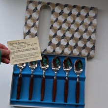 Load image into Gallery viewer, Vintage 1960s GLOSSWOOD Cutlery. Stainless Steel Dessert Spoons with Teak Effect Handles. Original Retail Box
