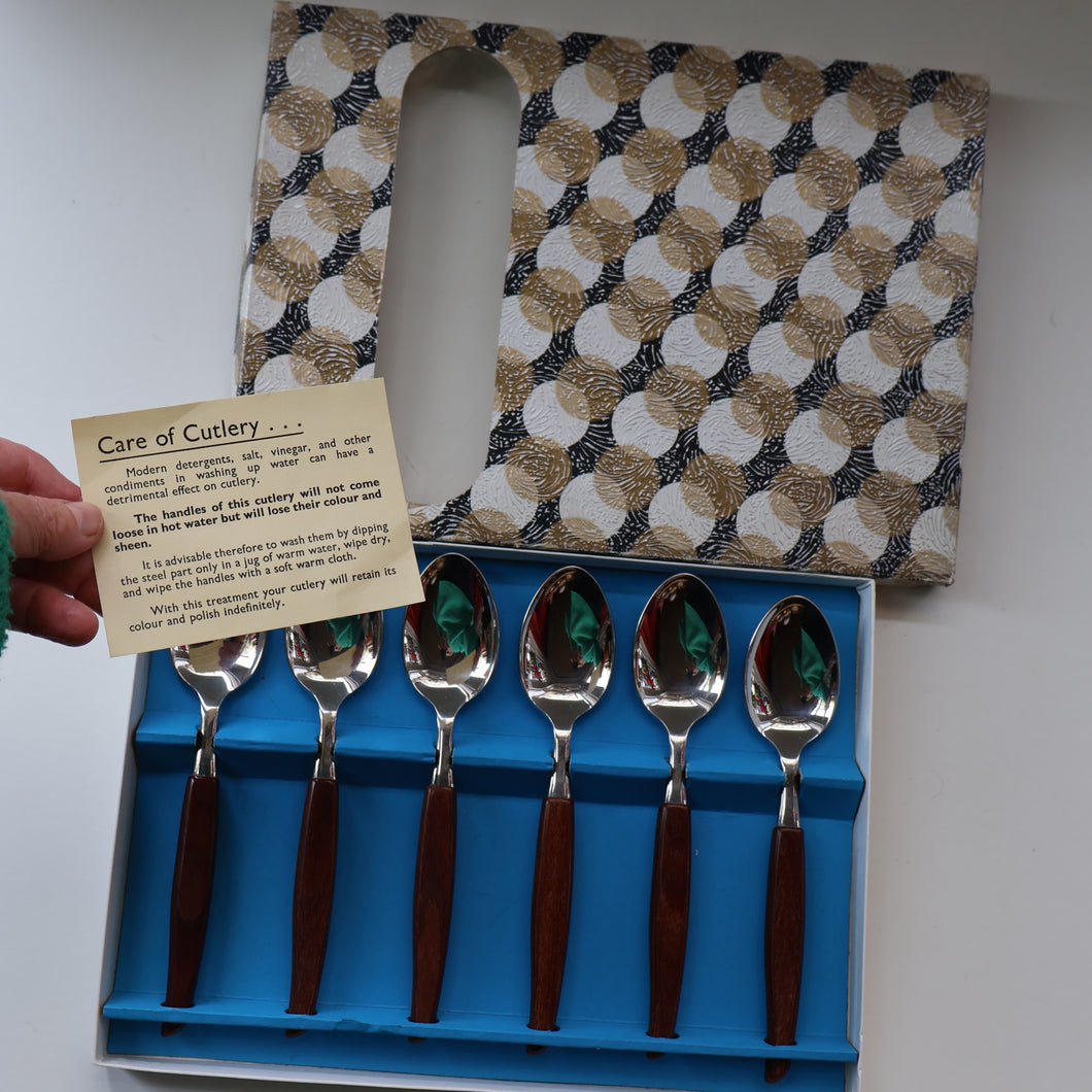 Vintage 1960s GLOSSWOOD Cutlery. Stainless Steel Dessert Spoons with Teak Effect Handles. Original Retail Box