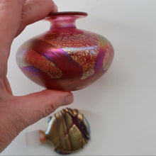 Load image into Gallery viewer, Early Vintage ISLE OF WIGHT Perfume Bottle (Golden Peacock in Pink) with Lollipop Stopper. 4 1/4 inches 

