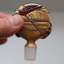 Load image into Gallery viewer, Early Vintage ISLE OF WIGHT Perfume Bottle (Golden Peacock in Pink) with Lollipop Stopper. 4 1/4 inches 
