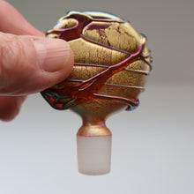 Load image into Gallery viewer, Early Vintage ISLE OF WIGHT Perfume Bottle (Golden Peacock in Pink) with Lollipop Stopper. 4 1/4 inches 
