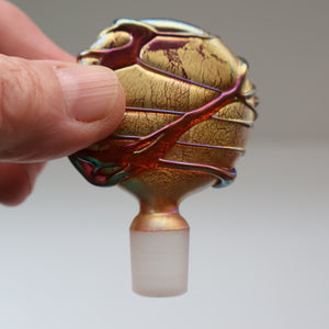 Early Vintage ISLE OF WIGHT Perfume Bottle (Golden Peacock in Pink) with Lollipop Stopper. 4 1/4 inches 