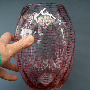 1930s STEVENS AND WILLIAMS Glass Cerise Pink Threaded Vase With Golf Ball Pattern. 8 inches high