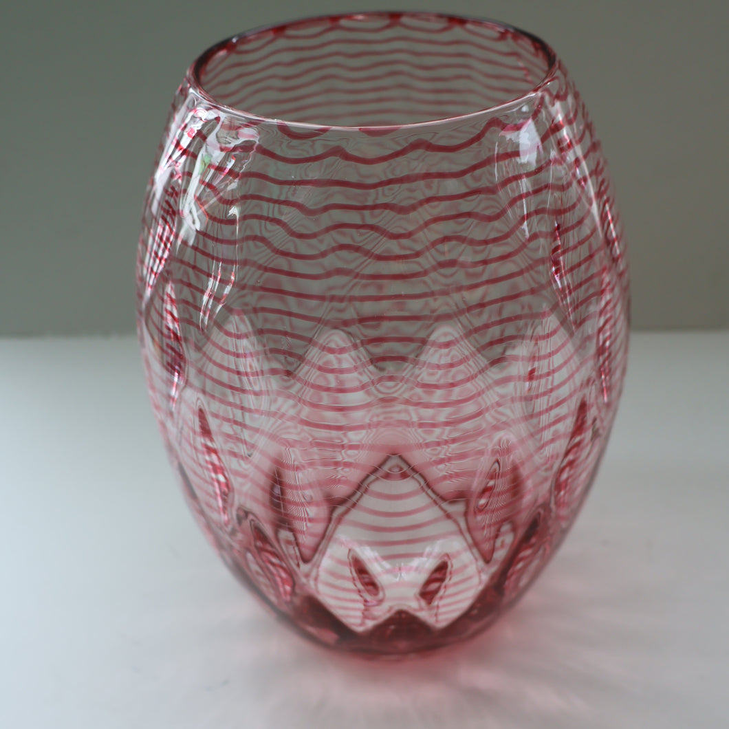 1930s STEVENS AND WILLIAMS Glass Cerise Pink Threaded Vase With Golf Ball Pattern. 8 inches high