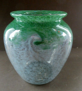SCOTTISH GLASS. 1940s 1950s Clear Blue and Green Vasart Vase SIGNED