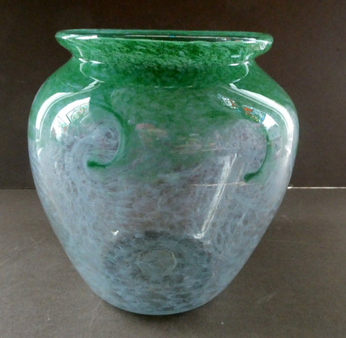 SCOTTISH GLASS. 1940s 1950s Clear Blue and Green Vasart Vase SIGNED