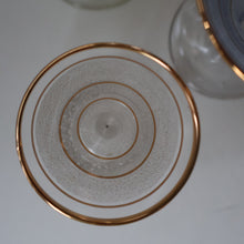 Load image into Gallery viewer, Selection of 1950s Harlequin Footed Drinking / Cocktail Glasses. Conical Shape with Frosted Pastel Stripes and Gold Gilt Embellishments
