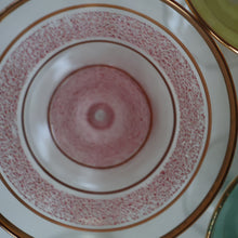 Load image into Gallery viewer, Selection of 1950s Harlequin Footed Drinking / Cocktail Glasses. Conical Shape with Frosted Pastel Stripes and Gold Gilt Embellishments
