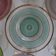 Load image into Gallery viewer, Selection of 1950s Harlequin Footed Drinking / Cocktail Glasses. Conical Shape with Frosted Pastel Stripes and Gold Gilt Embellishments
