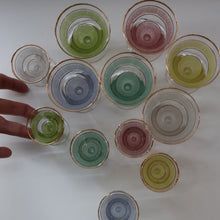 Load image into Gallery viewer, Selection of 1950s Harlequin Footed Drinking / Cocktail Glasses. Conical Shape with Frosted Pastel Stripes and Gold Gilt Embellishments
