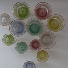 Load image into Gallery viewer, Selection of 1950s Harlequin Footed Drinking / Cocktail Glasses. Conical Shape with Frosted Pastel Stripes and Gold Gilt Embellishments
