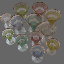 Load image into Gallery viewer, Selection of 1950s Harlequin Footed Drinking / Cocktail Glasses. Conical Shape with Frosted Pastel Stripes and Gold Gilt Embellishments
