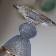 Load image into Gallery viewer, Selection of 1950s Harlequin Footed Drinking / Cocktail Glasses. Conical Shape with Frosted Pastel Stripes and Gold Gilt Embellishments
