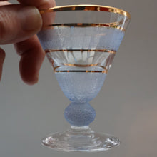 Load image into Gallery viewer, Selection of 1950s Harlequin Footed Drinking / Cocktail Glasses. Conical Shape with Frosted Pastel Stripes and Gold Gilt Embellishments
