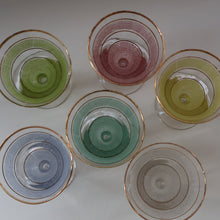 Load image into Gallery viewer, Selection of 1950s Harlequin Footed Drinking / Cocktail Glasses. Conical Shape with Frosted Pastel Stripes and Gold Gilt Embellishments
