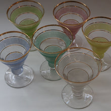 Load image into Gallery viewer, Selection of 1950s Harlequin Footed Drinking / Cocktail Glasses. Conical Shape with Frosted Pastel Stripes and Gold Gilt Embellishments
