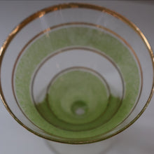 Load image into Gallery viewer, Selection of 1950s Harlequin Footed Drinking / Cocktail Glasses. Conical Shape with Frosted Pastel Stripes and Gold Gilt Embellishments
