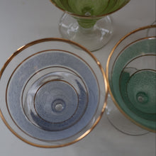 Load image into Gallery viewer, Selection of 1950s Harlequin Footed Drinking / Cocktail Glasses. Conical Shape with Frosted Pastel Stripes and Gold Gilt Embellishments
