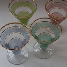 Load image into Gallery viewer, Selection of 1950s Harlequin Footed Drinking / Cocktail Glasses. Conical Shape with Frosted Pastel Stripes and Gold Gilt Embellishments
