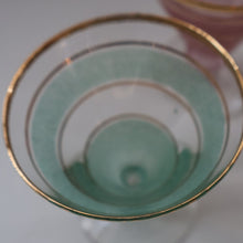 Load image into Gallery viewer, Selection of 1950s Harlequin Footed Drinking / Cocktail Glasses. Conical Shape with Frosted Pastel Stripes and Gold Gilt Embellishments
