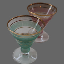 Load image into Gallery viewer, Selection of 1950s Harlequin Footed Drinking / Cocktail Glasses. Conical Shape with Frosted Pastel Stripes and Gold Gilt Embellishments
