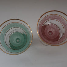 Load image into Gallery viewer, Selection of 1950s Harlequin Footed Drinking / Cocktail Glasses. Conical Shape with Frosted Pastel Stripes and Gold Gilt Embellishments
