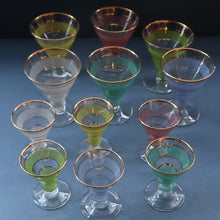 Load image into Gallery viewer, Selection of 1950s Harlequin Footed Drinking / Cocktail Glasses. Conical Shape with Frosted Pastel Stripes and Gold Gilt Embellishments
