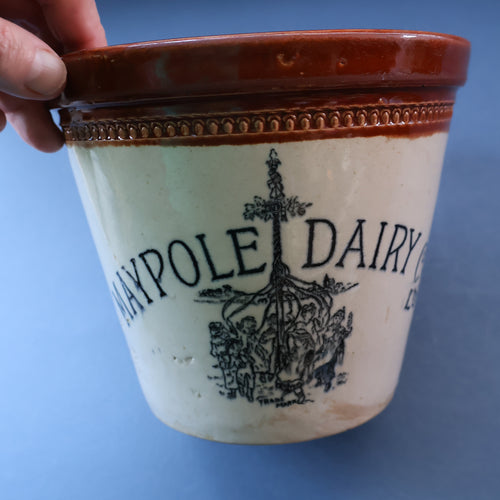 SCOTTISH POTTERY. Antique PORT DUNDAS (Glasgow) 4 lbs Stoneware Crock with Handle. MAYPOLE DAIRY 