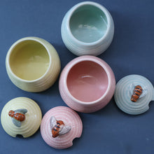 Load image into Gallery viewer, 1950s SHORTER AND SONS Set of Three Matching Miniature Beehive Honey Pots in Pastel Colours
