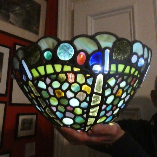 Stunning Large VICTORIAN / EDWARDIAN Antique Stained Glass Pendant Dome Shape Shade with Bronze Chains