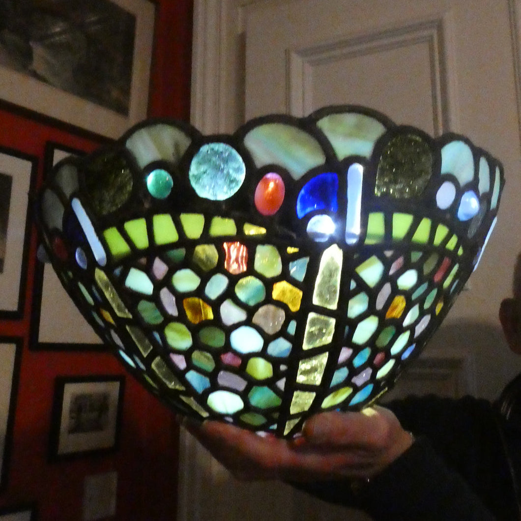 Stunning Large VICTORIAN / EDWARDIAN Antique Stained Glass Pendant Dome Shape Shade with Bronze Chains