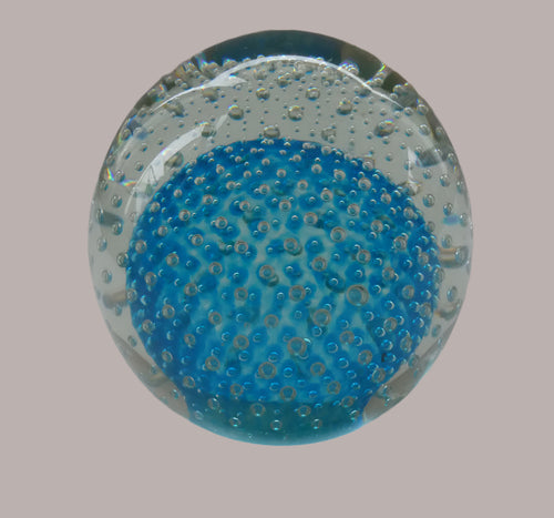 LARGE Magnum Vintage 1960s ITALIAN MURANO Controlled Bubble Paperweight with Blue Core. 4 inches diameter