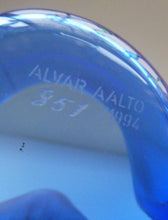 Load image into Gallery viewer, FINNISH 1994 Shallow Blue Glass SAVOY Vase. Iconic Mid Century Design by Alvar Aalto for Iittala, Finland. With acid etched signature 
