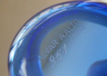 Load image into Gallery viewer, FINNISH 1994 Shallow Blue Glass SAVOY Vase. Iconic Mid Century Design by Alvar Aalto for Iittala, Finland. With acid etched signature 
