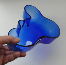 Load image into Gallery viewer, FINNISH 1994 Shallow Blue Glass SAVOY Vase. Iconic Mid Century Design by Alvar Aalto for Iittala, Finland. With acid etched signature 
