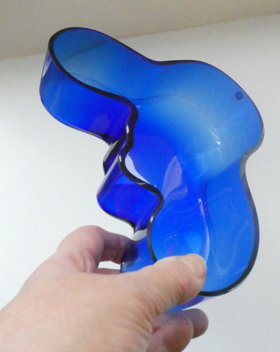 1994 FINNISH Shallow Blue Glass SAVOY Vase. Iconic Mid Century Design by Alvar Aalto for Iittala, Finland. With acid etched signature (B)