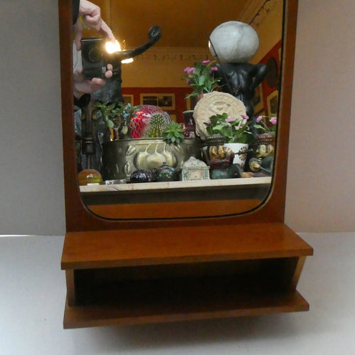 1960s DANISH Pedersen & Hansen (P&H) wall mirror in a teak wooden frame with a small integrated shelf
