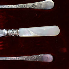 Load image into Gallery viewer, Antique Pair of Electro-Plate Berry Spoons &amp; Mother of Pearl Fruit Knife by JE &amp; SS. FITTED CASE

