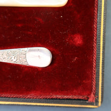 Load image into Gallery viewer, Antique Pair of Electro-Plate Berry Spoons &amp; Mother of Pearl Fruit Knife by JE &amp; SS. FITTED CASE
