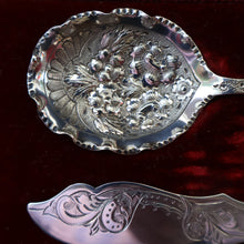 Load image into Gallery viewer, Antique Pair of Electro-Plate Berry Spoons &amp; Mother of Pearl Fruit Knife by JE &amp; SS. FITTED CASE
