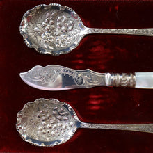 Load image into Gallery viewer, Antique Pair of Electro-Plate Berry Spoons &amp; Mother of Pearl Fruit Knife by JE &amp; SS. FITTED CASE

