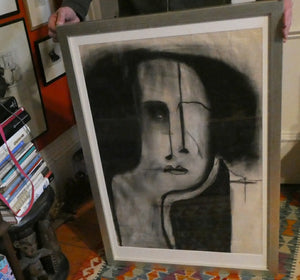 PAT DOUTHWAITE (1939 - 2002). Original LARGE 1980s Charcoal Portrait Drawing. FRAMED