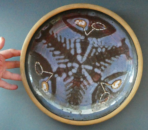 Large 1970s Round Shallow Plate. Davey Pottery, Castle Douglas, Kirkcudbrightshire. Abstract Design with Strange Creatures
