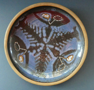 Large 1970s Round Shallow Plate. Davey Pottery, Castle Douglas, Kirkcudbrightshire. Abstract Design with Strange Creatures