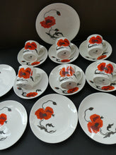 Load image into Gallery viewer, Susie Cooper Six Trios: Cups, Saucers and Sides Plates Cornpoppy Wedgwood
