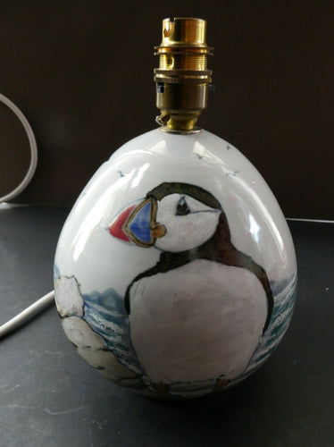 1990s Scottish Pottery Highland Stoneware Puffin Lamp Hand Painted