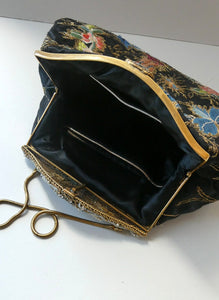  1930s Art Deco Evening Bag or Purse with Chinese Embroidery. Fancy Clasp with Seed Pearls