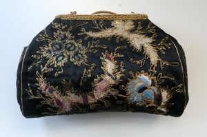  1930s Art Deco Evening Bag or Purse with Chinese Embroidery. Fancy Clasp with Seed Pearls