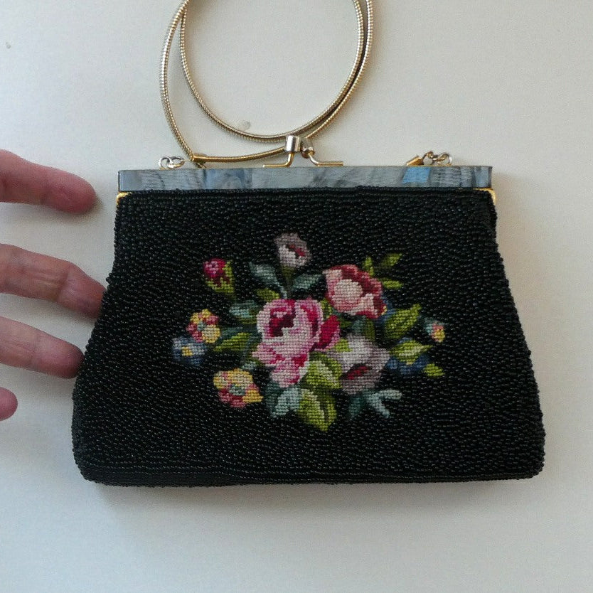 1940s PETIT POINT & GLASS BEAD Handbag or Evening Bag