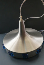 Load image into Gallery viewer, Carl Fagerlund. SWEDISH 1960s Silver Tone Pendant Lampshade with Blue Glass Inclusions and Original Diffuser Below
